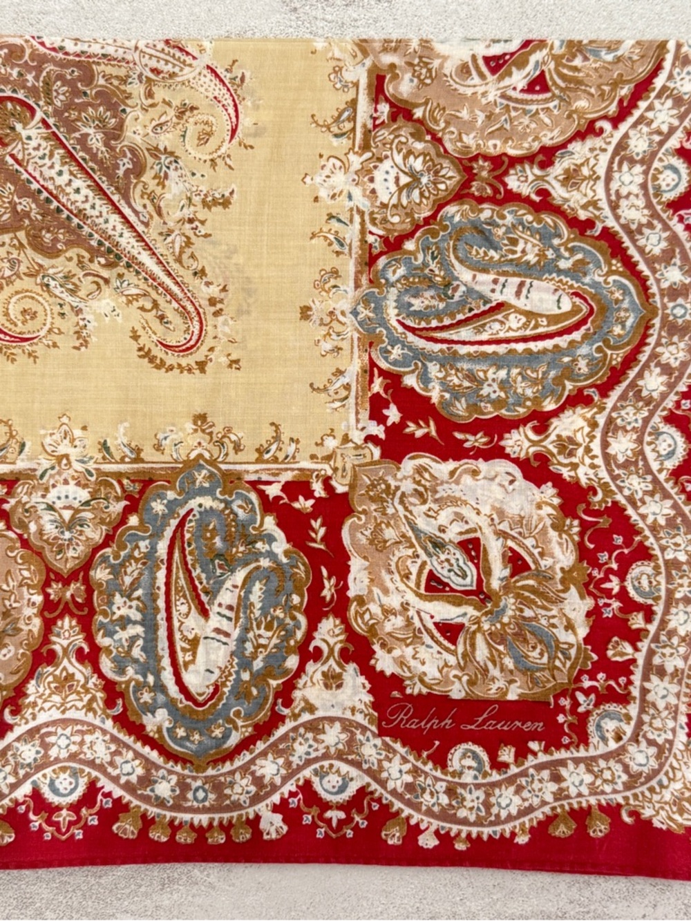 Ralph Lauren Red, Cream & Gold Paisley cotton vintage handkerchief - Picture 3 of 6